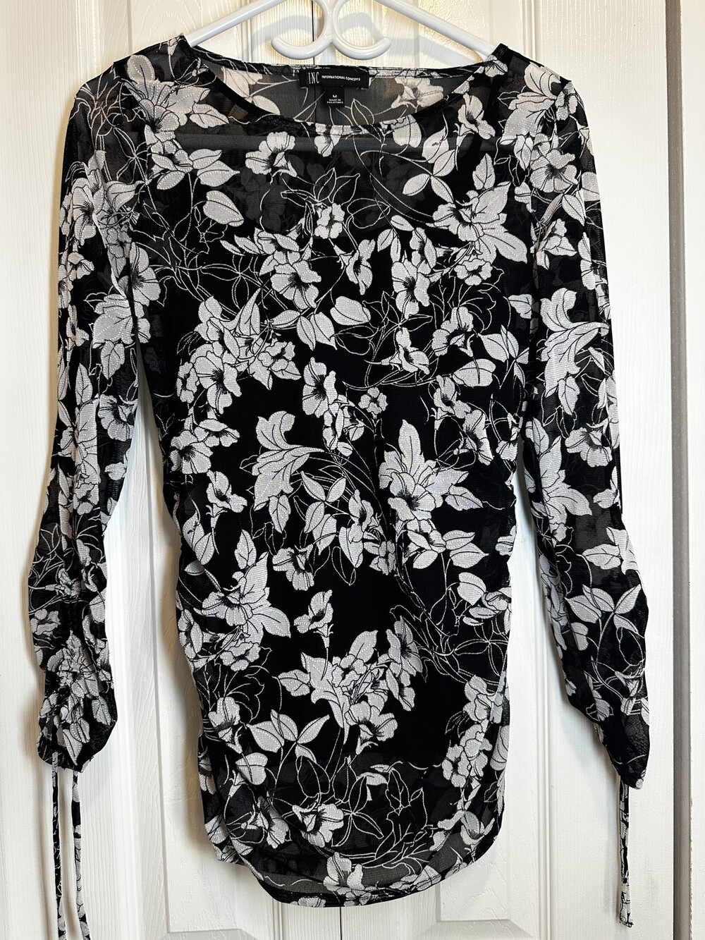 INC International Concepts Floral Mesh Ruched Long Sleeve Top size Medium #101